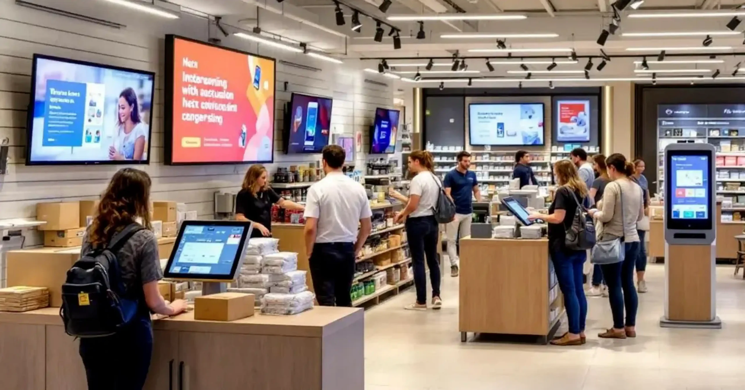 A modern retail store with self-checkout kiosks, large digital screens displaying advertisements, shelves stocked with products, and several customers and staff interacting throughout the space.