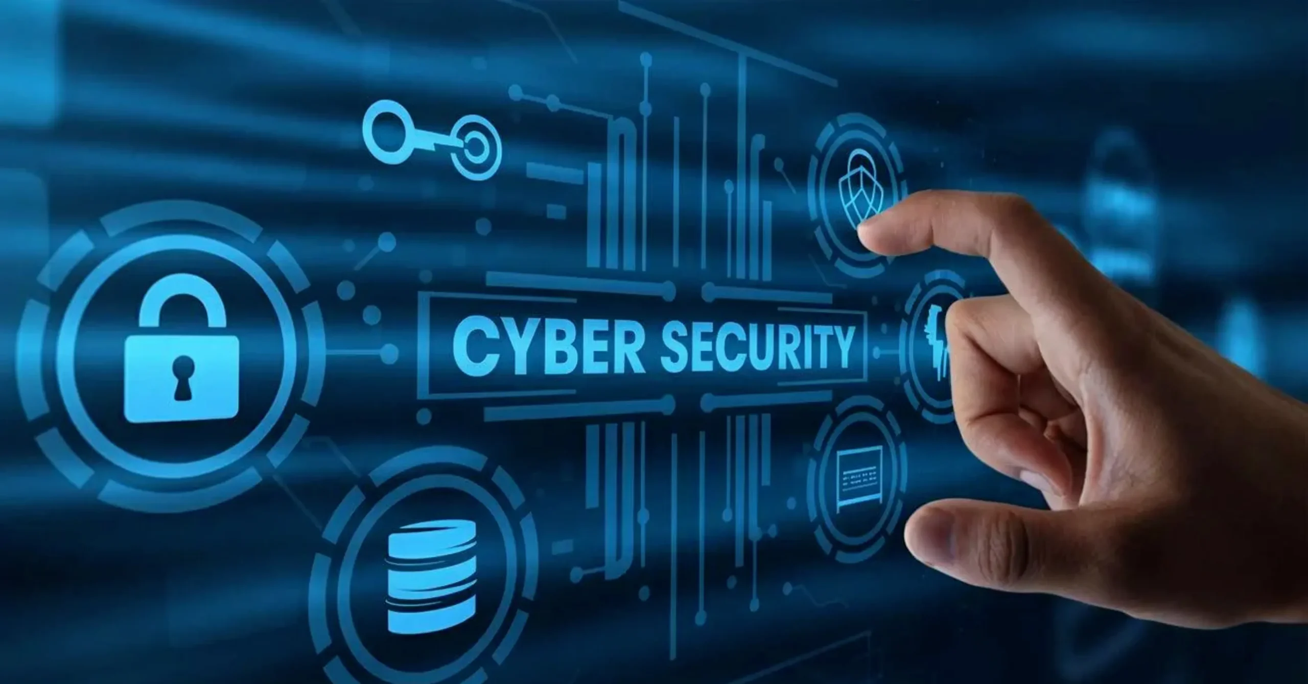 A hand is pointing at a digital interface displaying the words Cyber Security with icons representing security, data protection, and network technology on a blue background.