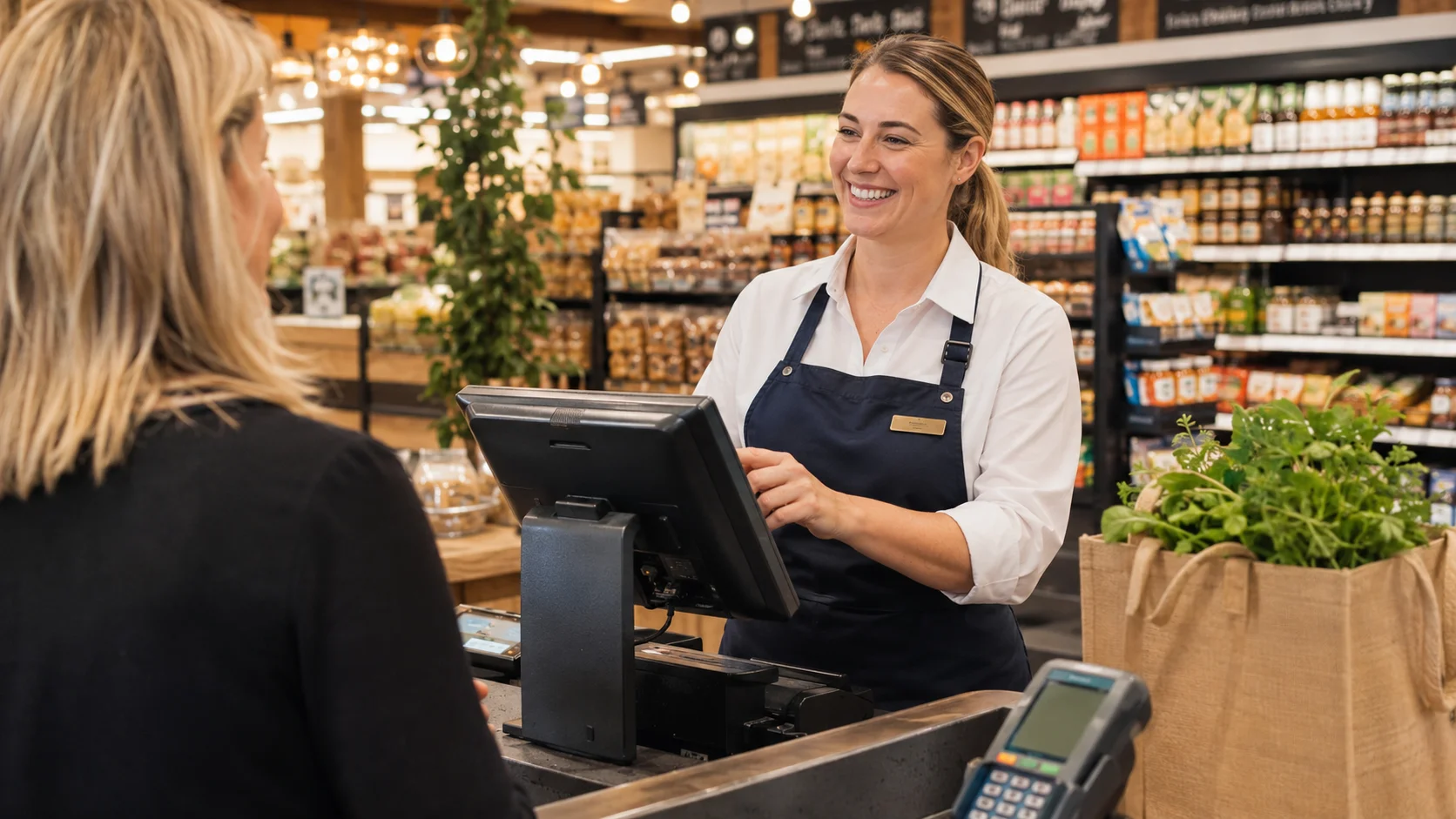 A modern independent supermarket checkout area, a retail worker in a branded uniform processing a transaction on a sleek touchscreen POS terminal, set in a well-lit Australian grocery store with stocked shelves visible in the background.