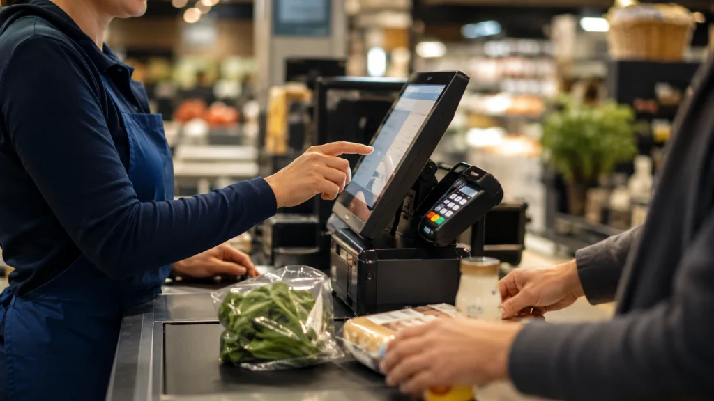 A retail worker's hands operating a modern touchscreen POS terminal at a grocery store checkout, customer's hands placing items on the counter, bright clean retail lighting.