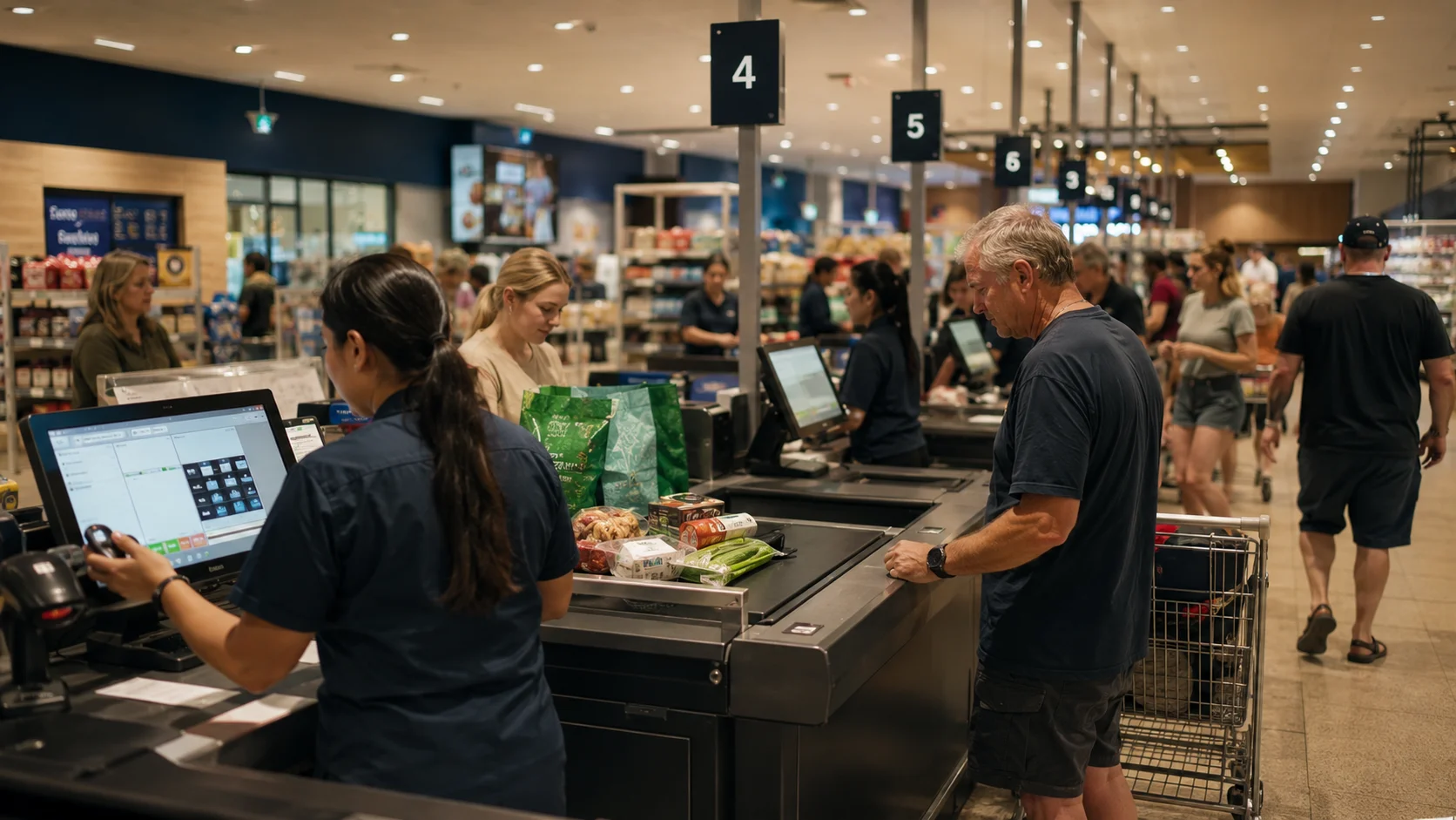 Modern Australian supermarket using integrated retail technology at checkout