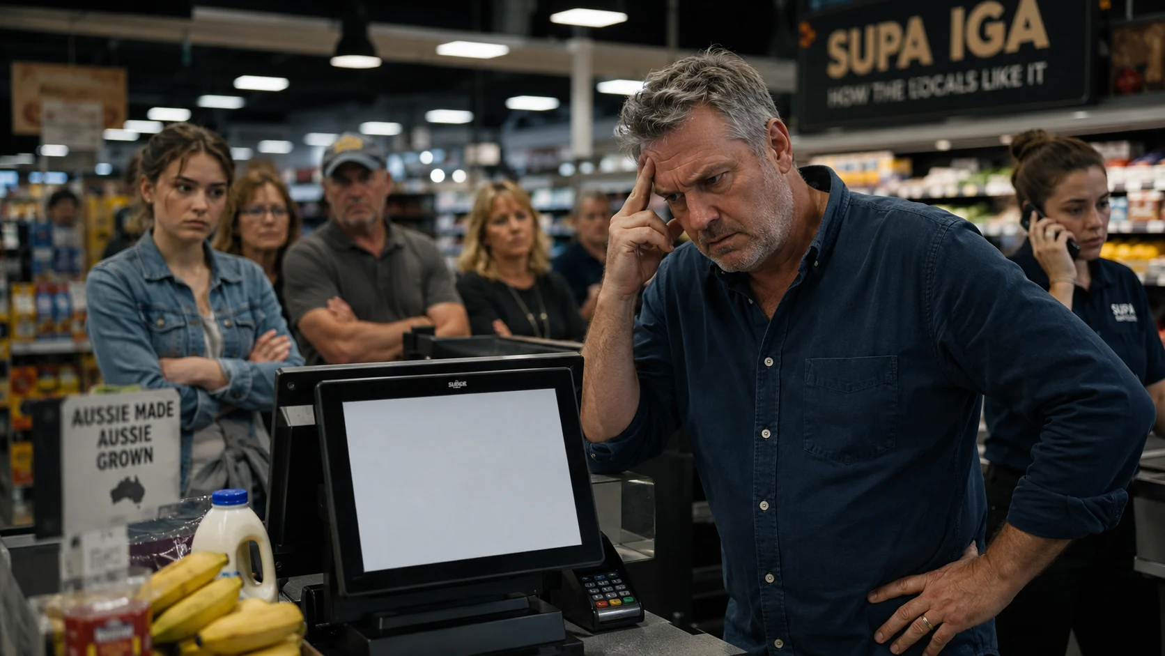 Retail store owner dealing with POS system downtime during a busy checkout period