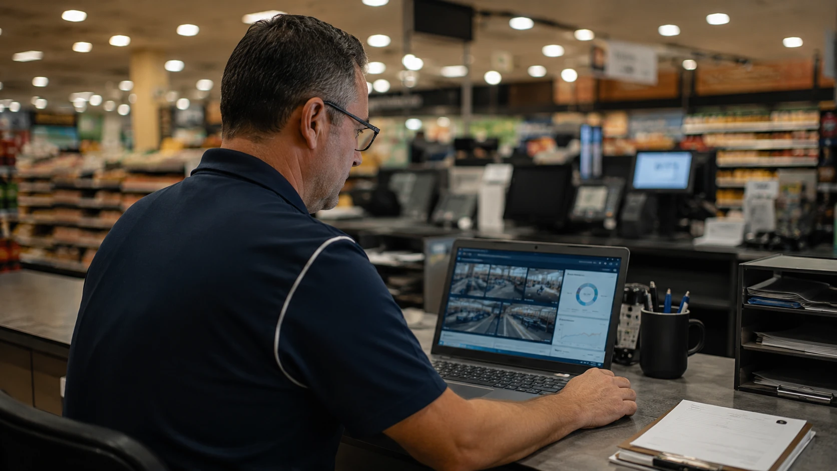 Retail store manager reviewing cyber security on a laptop in the back office