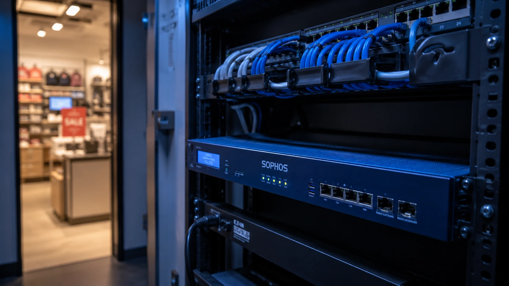 Network security appliance in a retail store back-office comms cabinet
